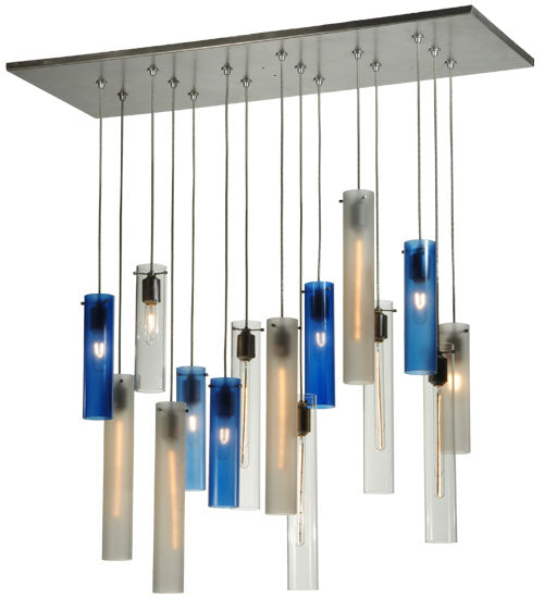 Meyda Lighting Cilindro 48" 15-Light Nickel Cascading Pendant Light With Blue and Clear Shade Glass