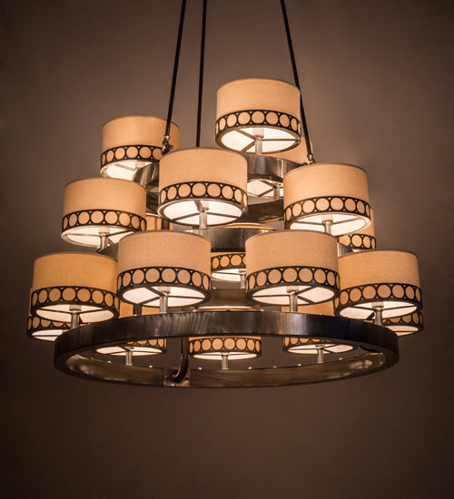 Meyda Lighting Cilindro 50" 18-Light Satin Clear Aloni Chandelier With Beige Natural Textrene Shade
