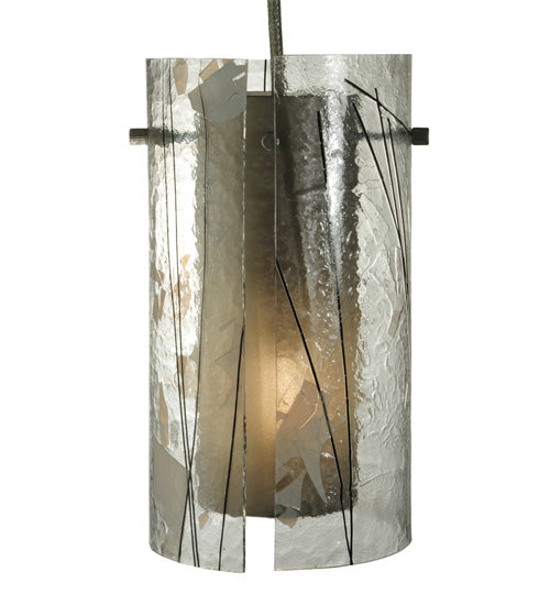 Meyda Lighting Cilindro 6" Nickel Branches Mini Pendant Light With Clear and White Fractures Shade Glass