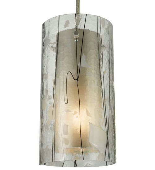 Meyda Lighting Cilindro 6" Nickel Branches Mini Pendant Light With Clear and White Fractures Shade Glass