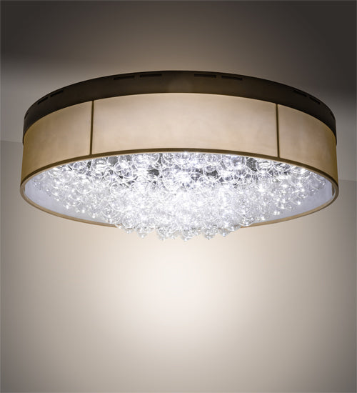 Meyda Lighting Cilindro 70" LED Mahogany Bronze Bulle Flush Mount Light With Dark Gold Organza Textrene & Clear Shade Glass