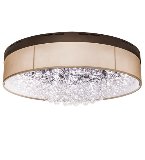 Meyda Lighting Cilindro 70" LED Mahogany Bronze Bulle Flush Mount Light With Dark Gold Organza Textrene & Clear Shade Glass