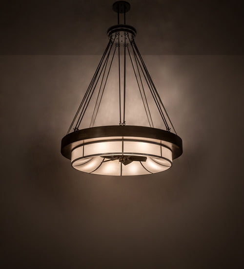 Meyda Lighting Cilindro 72" 16-Light Antique Copper & Extreme Chrome Ventura Chandelier With White Linen Textrene Shade and Fan