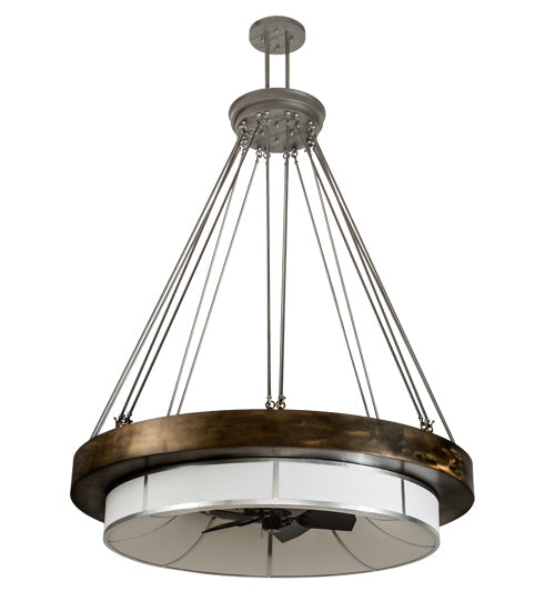 Meyda Lighting Cilindro 72" 16-Light Antique Copper & Extreme Chrome Ventura Chandelier With White Linen Textrene Shade and Fan