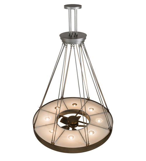 Meyda Lighting Cilindro 72" 16-Light Antique Copper & Extreme Chrome Ventura Chandelier With White Linen Textrene Shade and Fan
