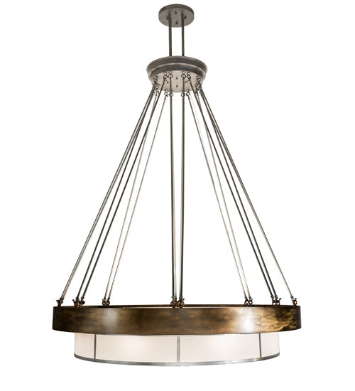 Meyda Lighting Cilindro 72" 16-Light Antique Copper & Extreme Chrome Ventura Chandelier With White Linen Textrene Shade and Fan