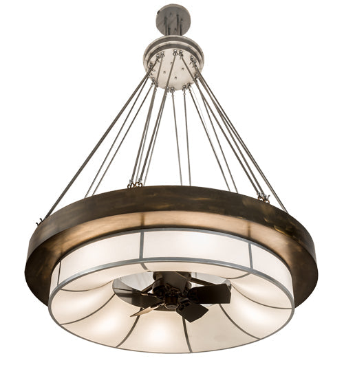 Meyda Lighting Cilindro 72" 16-Light Antique Copper & Extreme Chrome Ventura Chandelier With White Linen Textrene Shade and Fan