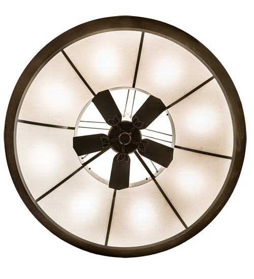 Meyda Lighting Cilindro 72" 16-Light Antique Copper & Extreme Chrome Ventura Chandelier With White Linen Textrene Shade and Fan