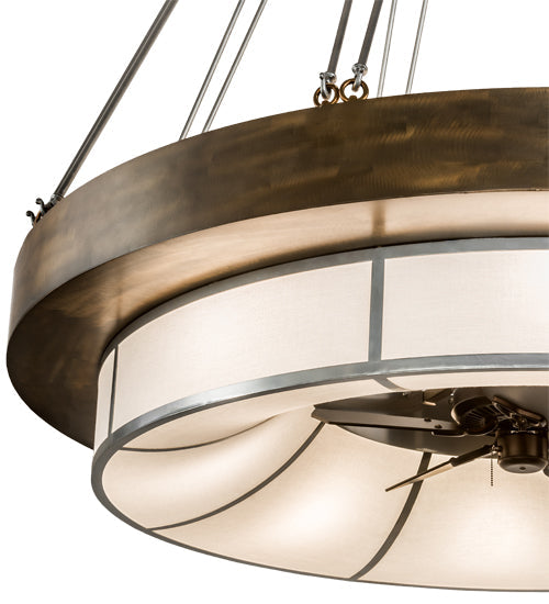 Meyda Lighting Cilindro 72" 16-Light Antique Copper & Extreme Chrome Ventura Chandelier With White Linen Textrene Shade and Fan