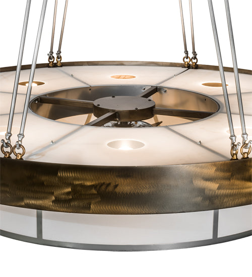 Meyda Lighting Cilindro 72" 16-Light Antique Copper & Extreme Chrome Ventura Chandelier With White Linen Textrene Shade and Fan