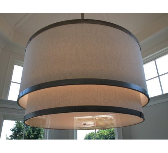 Meyda Lighting Cilindro 73" 2-Tier Nickel Pendant Light With Beige Fabric Shade