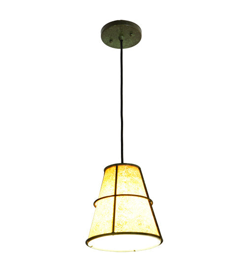 Meyda Lighting Cilindro 8" Weathered Brass Palomino Mini Pendant Light With Beige Handpainted Parchment Shade