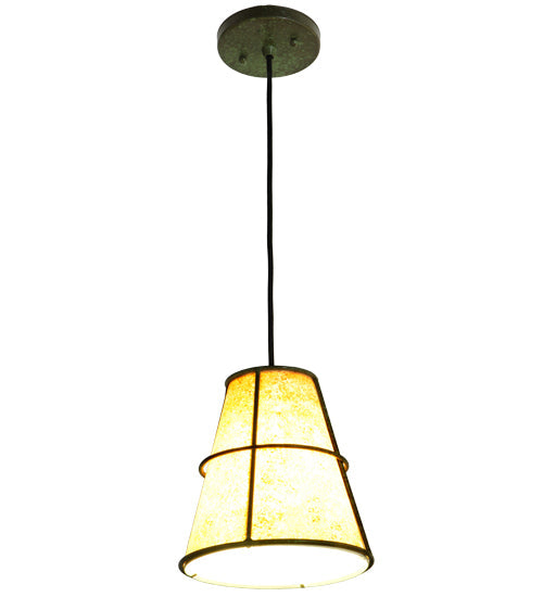 Meyda Lighting Cilindro 8" Weathered Brass Palomino Mini Pendant Light With Beige Parchment Shade