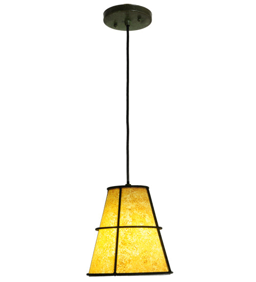 Meyda Lighting Cilindro 8" Weathered Brass Palomino Mini Pendant Light With Beige Parchment Shade