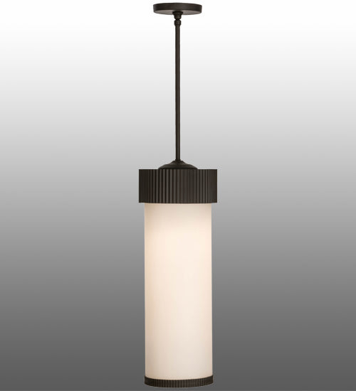 Meyda Lighting Cilindro 8"W x 40"H Oil Rubbed Bronze Corrugated Pendant Light With White Opal Shade Glass