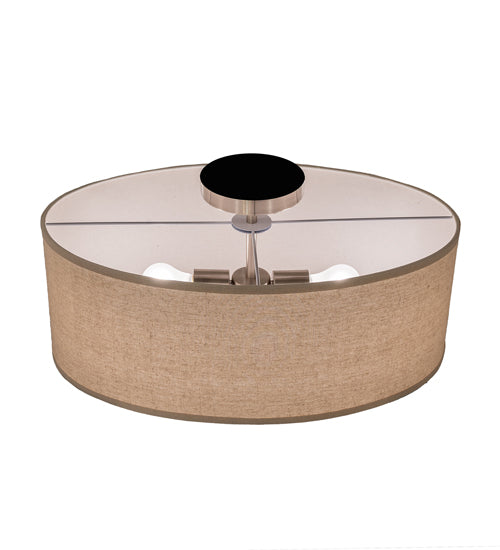 Meyda Lighting Cilindro Southland 24" 2-Light Brushed Nickel Flush Mount Light With Beige & White Linen Shade