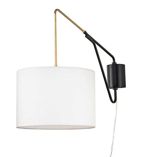 Meyda Lighting Cilindro Textrene 14" Solar Black & Brushed Brass Swing Arm Wall Sconce With White Fabric Shade