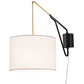 Meyda Lighting Cilindro Textrene 14" Solar Black & Brushed Brass Swing Arm Wall Sconce With White Fabric Shade