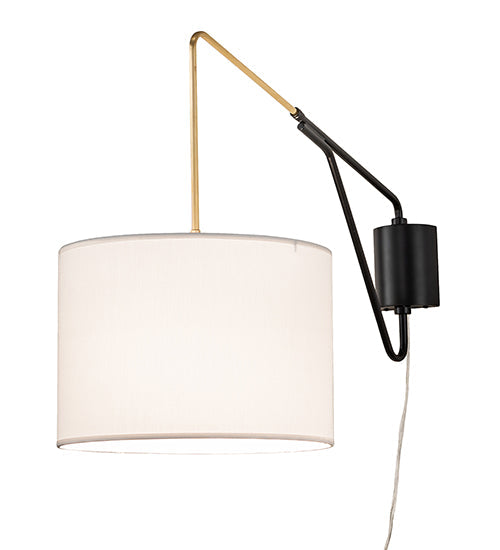 Meyda Lighting Cilindro Textrene 14" Solar Black & Brushed Brass Swing Arm Wall Sconce With White Fabric Shade