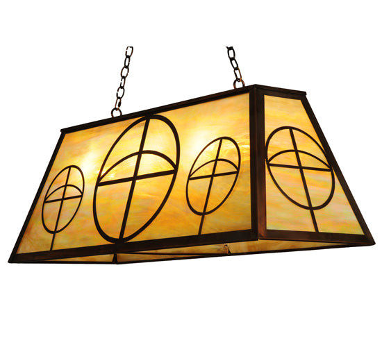 Meyda Lighting Circle Cross 48" 9-Light Vintage Copper Island Pendant Light With Beige Iridescent Shade Glasss