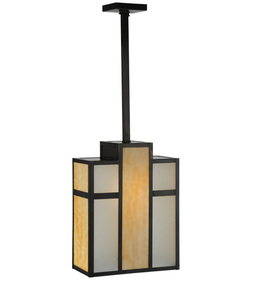 Meyda Lighting Cityscape 12" Craftsman Brown Oblong Pendant Light With Beige & White Shade Glass