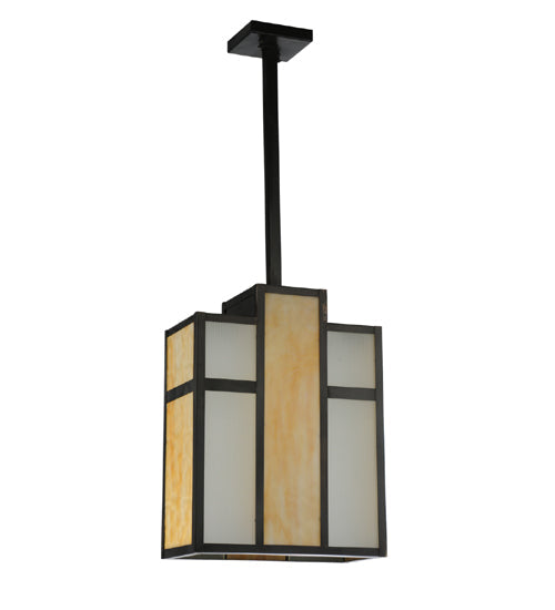 Meyda Lighting Cityscape 12" Craftsman Brown Oblong Pendant Light With Beige & White Shade Glass