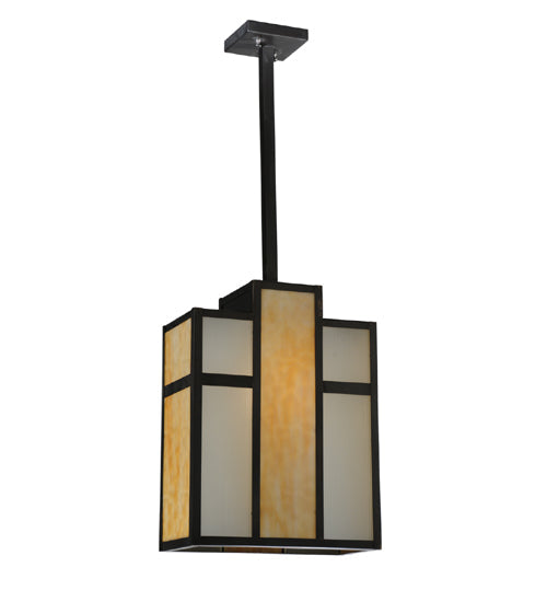 Meyda Lighting Cityscape 12" Craftsman Brown Oblong Pendant Light With Beige & White Shade Glass