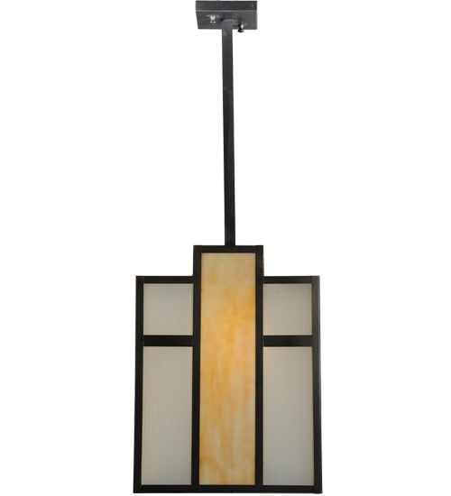 Meyda Lighting Cityscape 12" Craftsman Brown Oblong Pendant Light With Beige & White Shade Glass