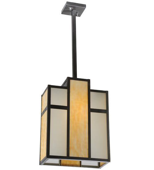 Meyda Lighting Cityscape 12" Craftsman Brown Oblong Pendant Light With Beige & White Shade Glass