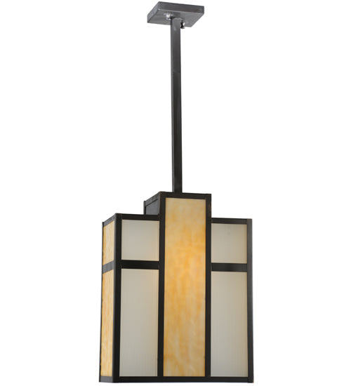 Meyda Lighting Cityscape 12" Craftsman Brown Oblong Pendant Light With Beige & White Shade Glass