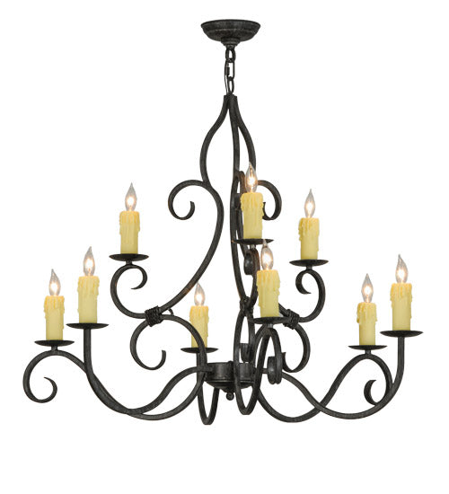 Meyda Lighting Clayton 36" 9-Light Antique Iron Gate Chandelier With Amber Faux Candlelight