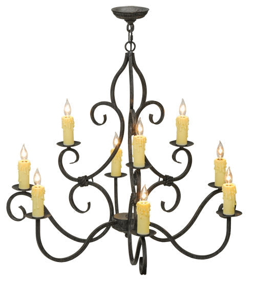 Meyda Lighting Clayton 36" 9-Light Antique Iron Gate Chandelier With Amber Faux Candlelight