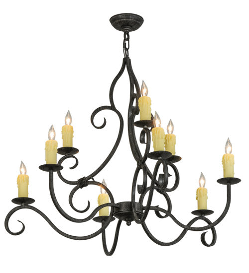 Meyda Lighting Clayton 36" 9-Light Antique Iron Gate Chandelier With Amber Faux Candlelight
