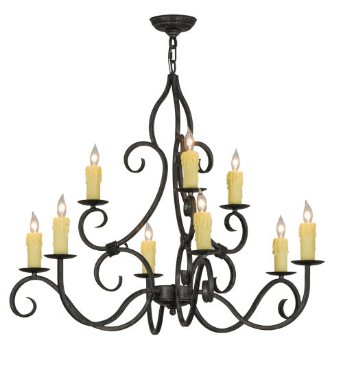 Meyda Lighting Clayton 36" 9-Light Antique Iron Gate Chandelier With Amber Faux Candlelight