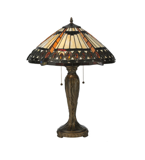 Meyda Lighting Cleopatra 25" 2-Light Mahogany Bronze Table Lamp With Amber & Beige Art Shade Glass
