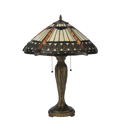 Meyda Lighting Cleopatra 25" 2-Light Mahogany Bronze Table Lamp With Amber & Beige Art Shade Glass
