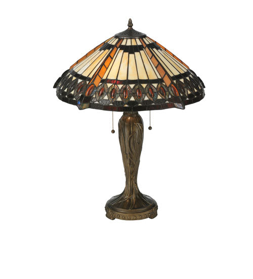 Meyda Lighting Cleopatra 25" 2-Light Mahogany Bronze Table Lamp With Amber & Beige Art Shade Glass