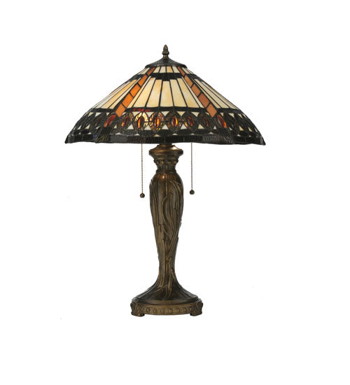 Meyda Lighting Cleopatra 25" 2-Light Mahogany Bronze Table Lamp With Amber & Beige Art Shade Glass