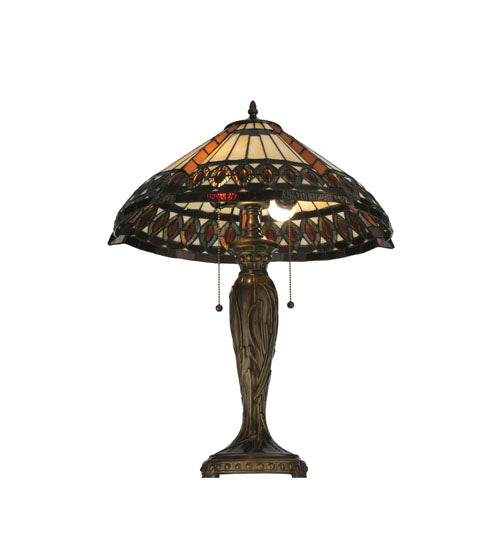 Meyda Lighting Cleopatra 25" 2-Light Mahogany Bronze Table Lamp With Amber & Beige Art Shade Glass