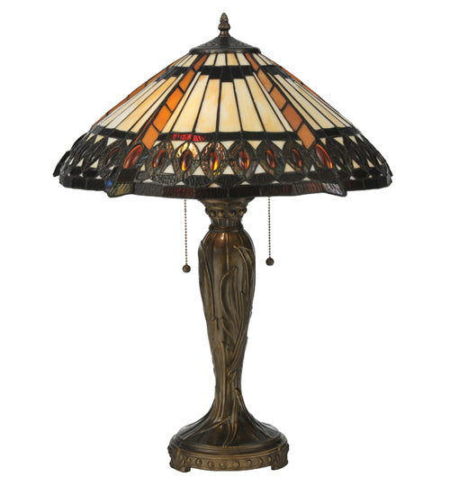 Meyda Lighting Cleopatra 25" 2-Light Mahogany Bronze Table Lamp With Amber & Beige Art Shade Glass