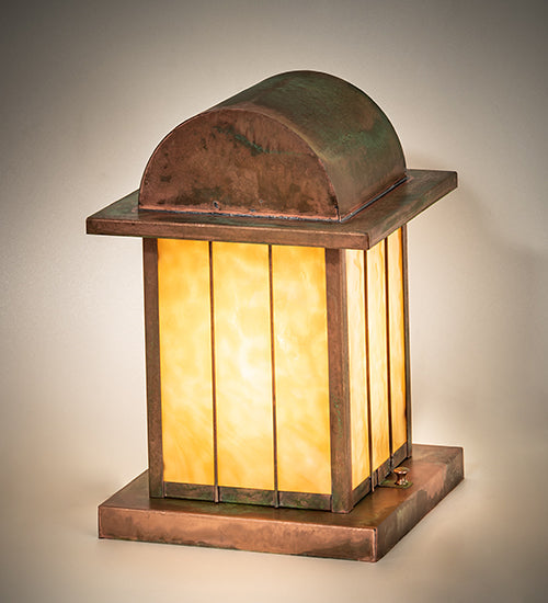 Meyda Lighting Clinton 13" Verdigris Arch Lantern Outdoor Pier Mount Light With Beige Art Shade Glass
