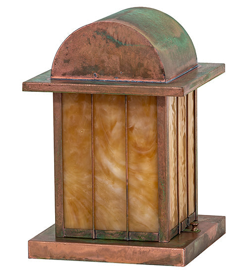 Meyda Lighting Clinton 13" Verdigris Arch Lantern Outdoor Pier Mount Light With Beige Art Shade Glass