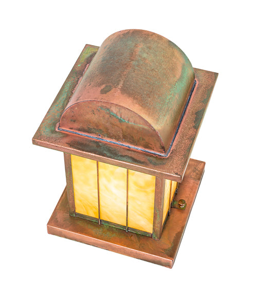 Meyda Lighting Clinton 13" Verdigris Arch Lantern Outdoor Pier Mount Light With Beige Art Shade Glass
