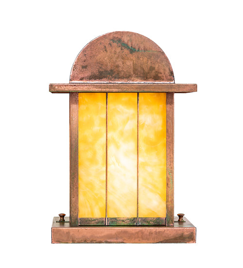 Meyda Lighting Clinton 13" Verdigris Arch Lantern Outdoor Pier Mount Light With Beige Art Shade Glass
