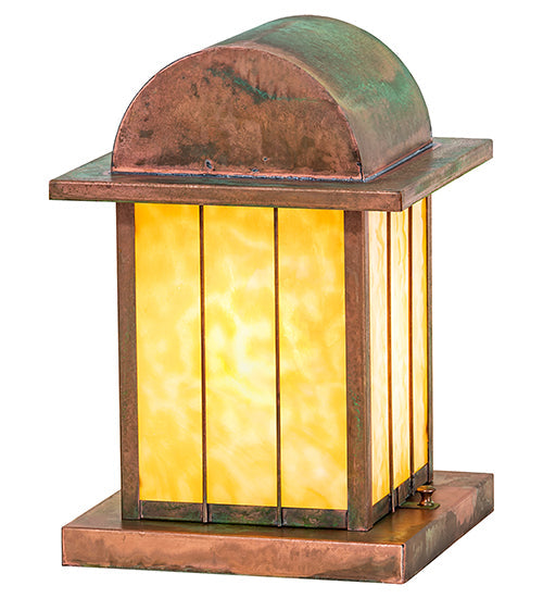 Meyda Lighting Clinton 13" Verdigris Arch Lantern Outdoor Pier Mount Light With Beige Art Shade Glass