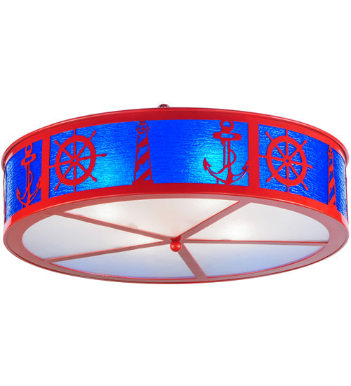 Meyda Lighting Coastal Collection 30" 4-Light Red Flush Mount Light With Sapphire Rainfall Idalight Shade