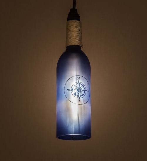 Meyda Lighting Coastal Collection 5" Black Mini Pendant Light With Blue Compass Sandblasted Wine Bottle Shade Glass
