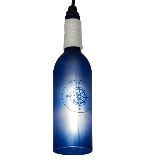 Meyda Lighting Coastal Collection 5" Black Mini Pendant Light With Blue Compass Sandblasted Wine Bottle Shade Glass