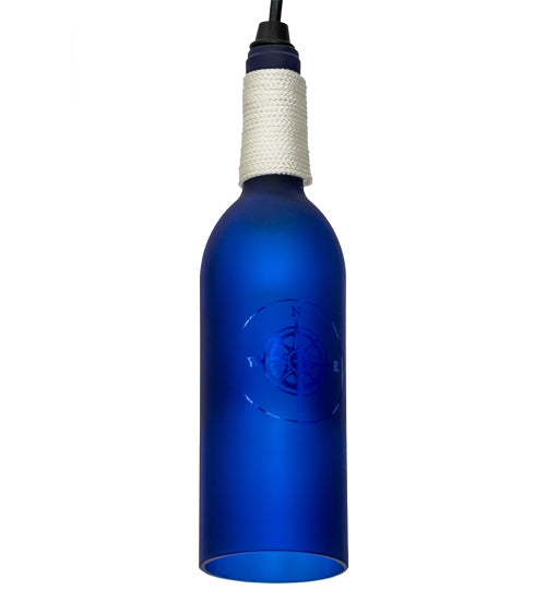 Meyda Lighting Coastal Collection 5" Black Mini Pendant Light With Blue Compass Sandblasted Wine Bottle Shade Glass