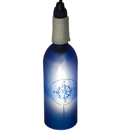 Meyda Lighting Coastal Collection 5" Black Mini Pendant Light With Blue Compass Sandblasted Wine Bottle Shade Glass